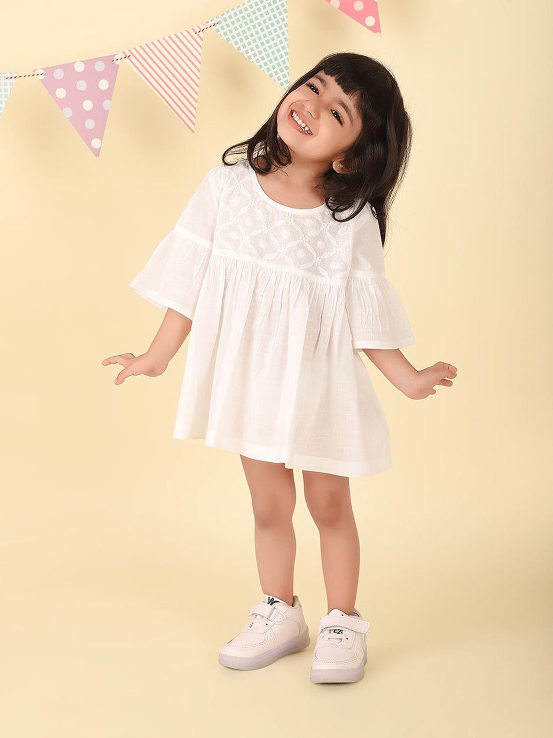 

Fabindia Ethnic Motifs Embroidered Bell Sleeve Fit & Flare Mini Dress, White