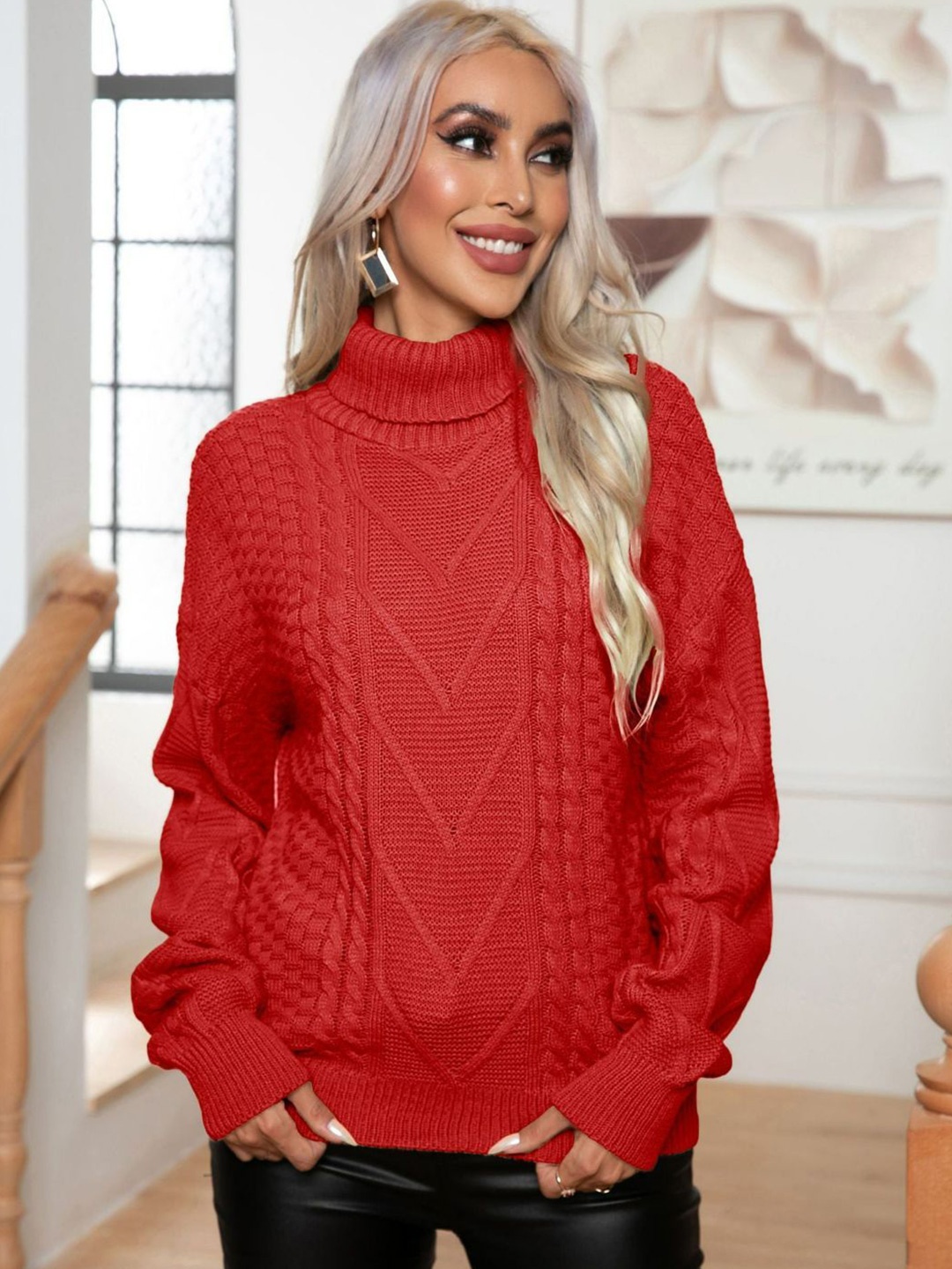 

Oh Rare Women Cable Knit Pullover, Red