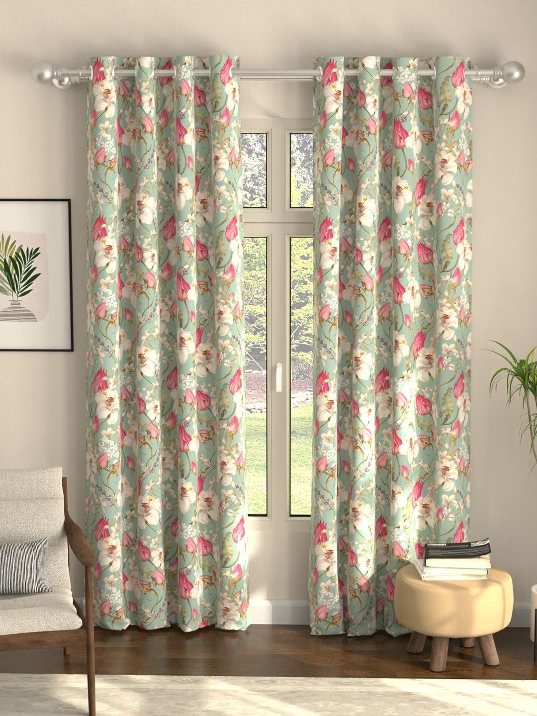 

URBAN SPACE Green & Pink 2 Pieces Floral Printed Black Out Long Door Curtains