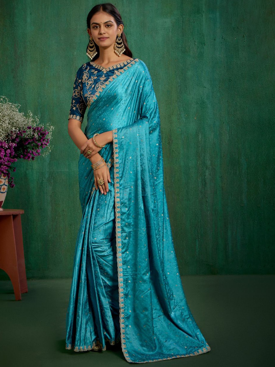 

Sangria Embroidered Saree With Blouse Piece, Sea green