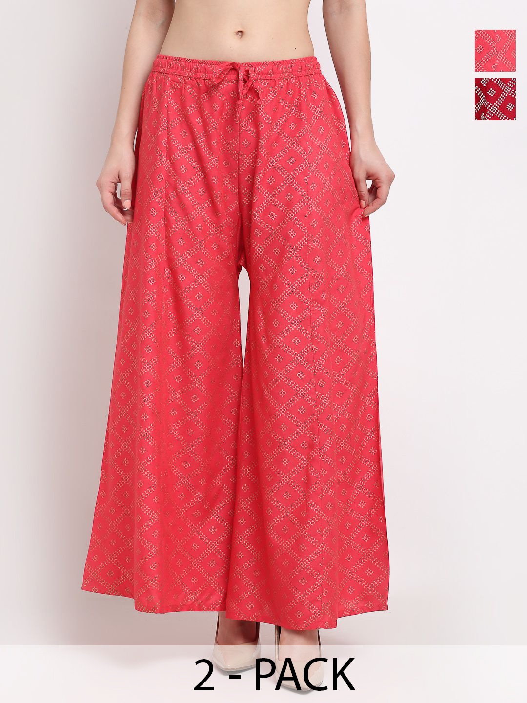 

GRACIT Women Pack Of 2 Printed Flared Knitted Ethnic Palazzos, Maroon