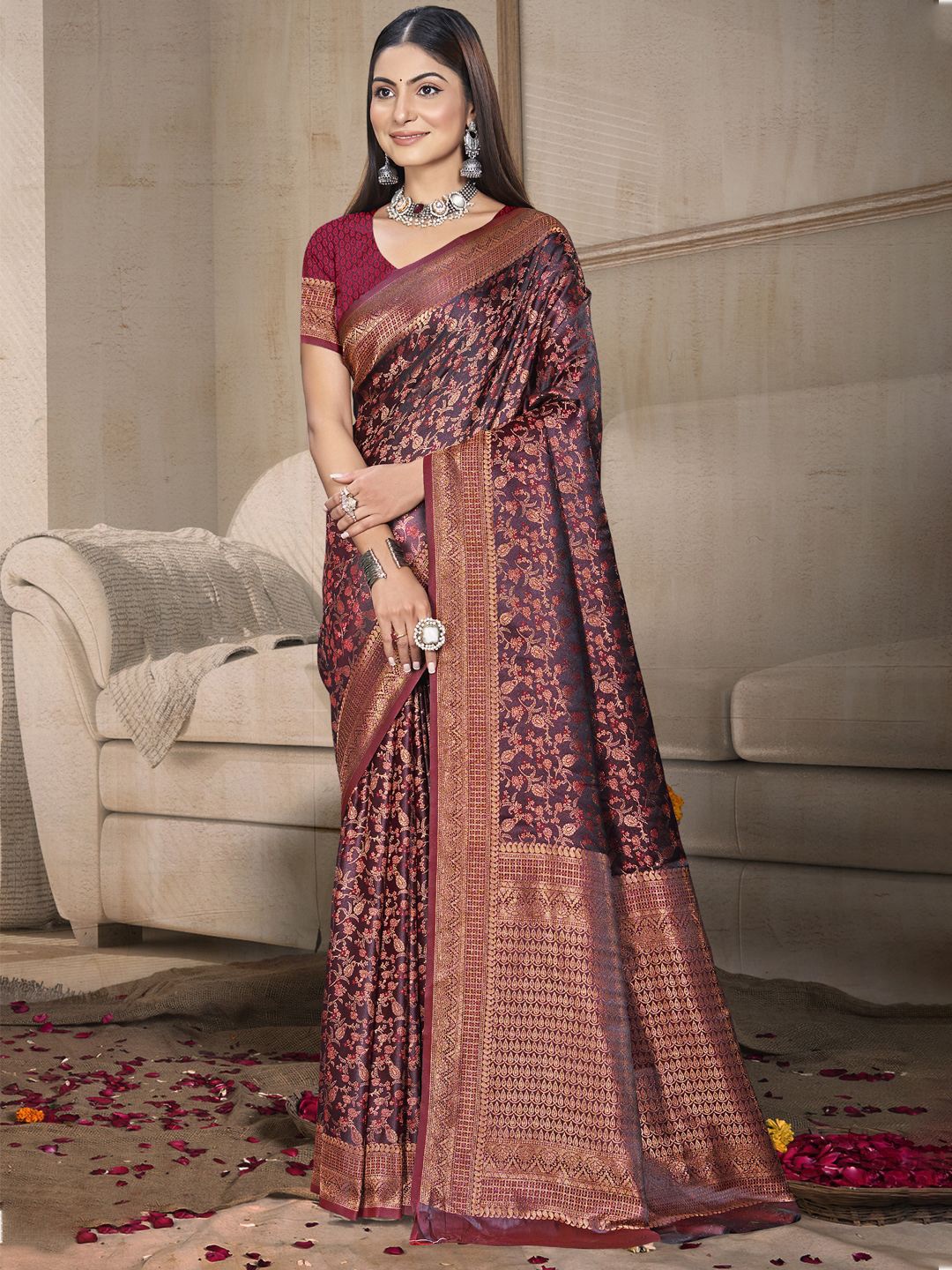 

SANGAM PRINTS Floral Zari Tussar Saree, Red