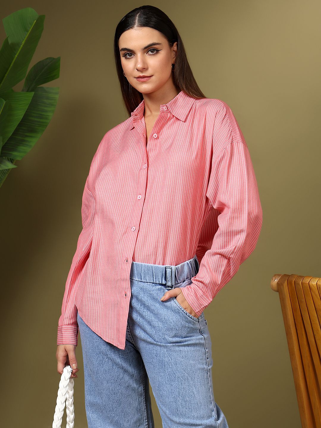 

Kotty Women Relaxed Fit Spread Collar Vertical Striped Cotton Casual Shirt, Pink