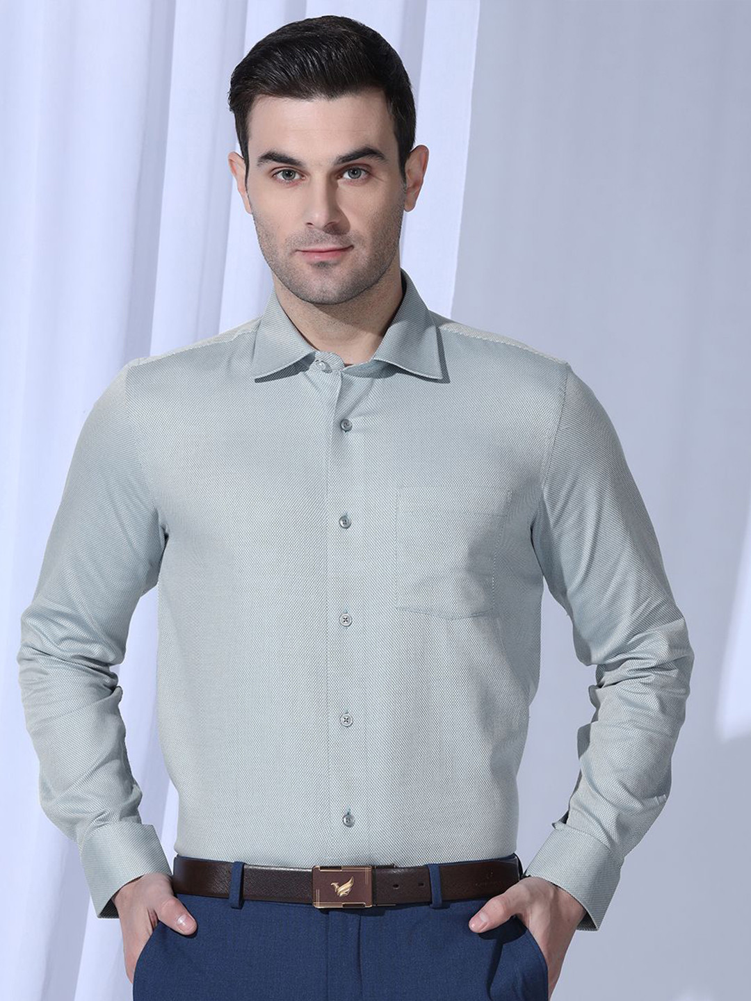 

Blackberrys Men India Slim Fit Spread Collar Textured Cotton Casual Shirt, Sea green