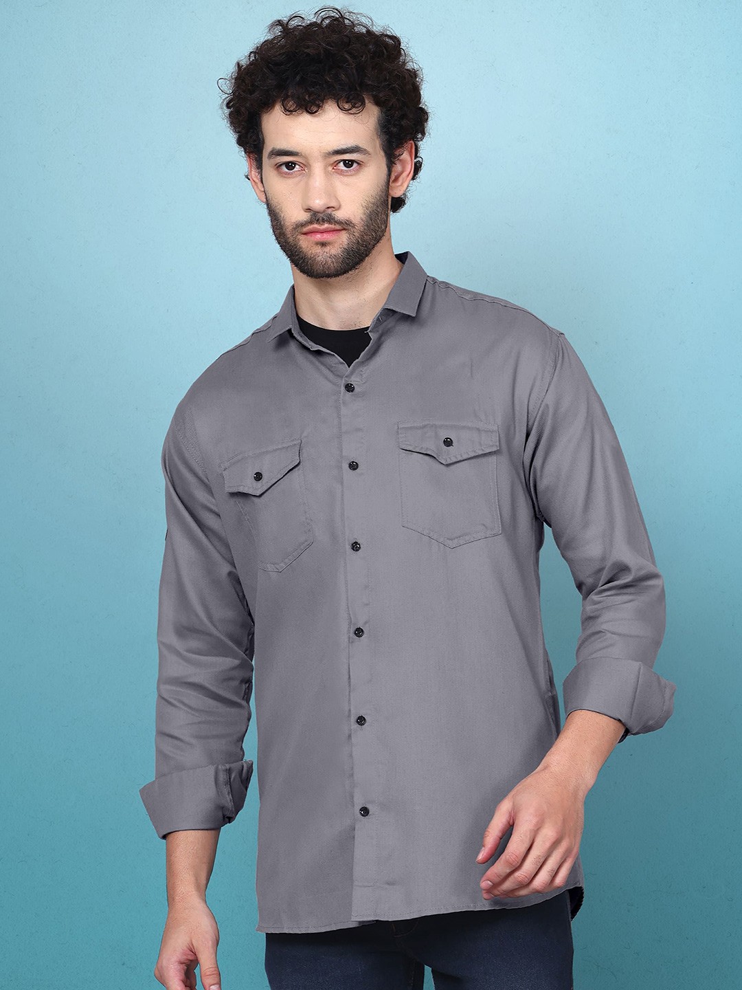 

WOXEN Men Original Fit Spread Collar Solid Cotton Casual Shirt, Grey