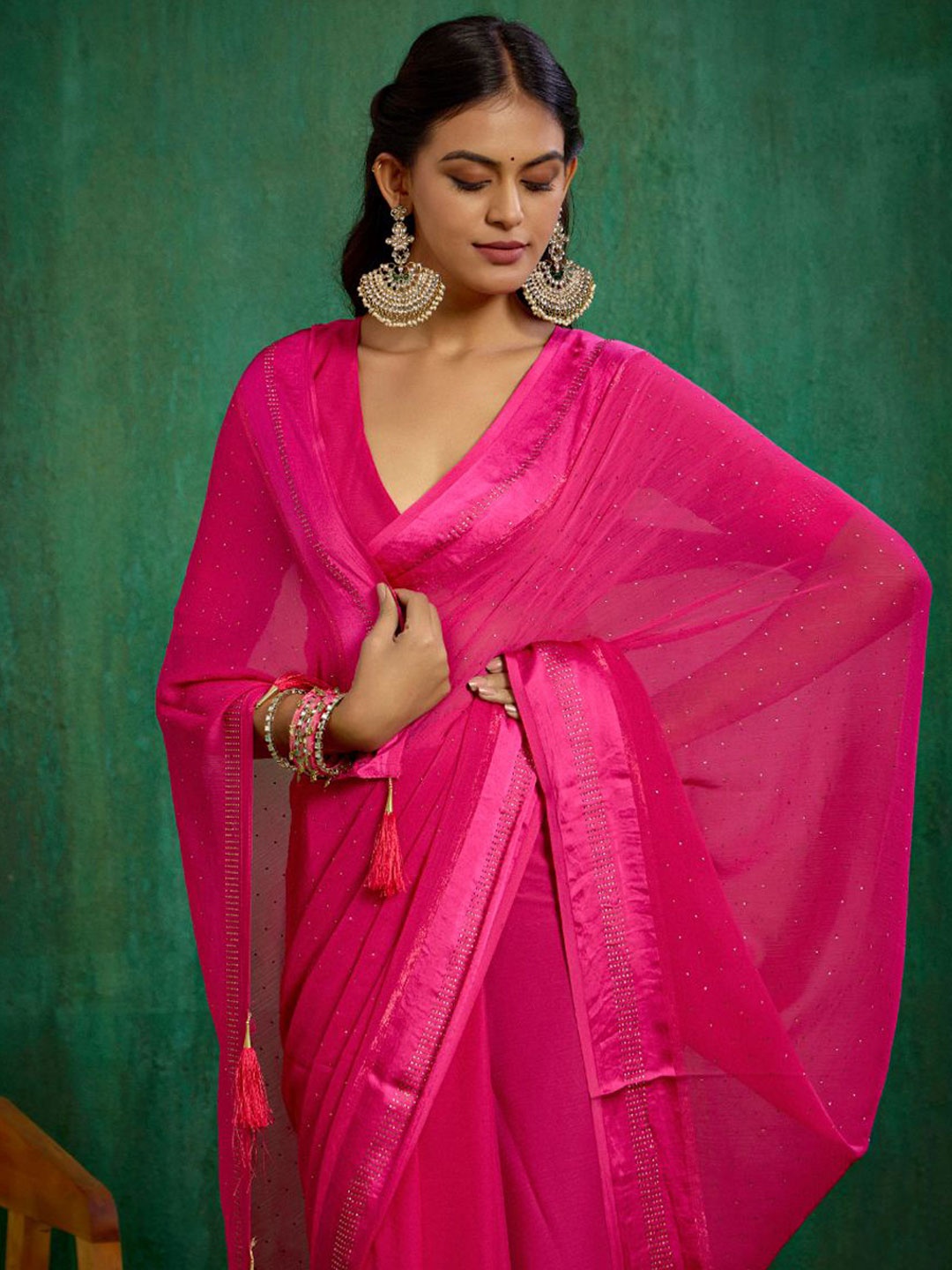 

Sangria Burnt Pink Chiffon Swarovski Ready to Wear Saree