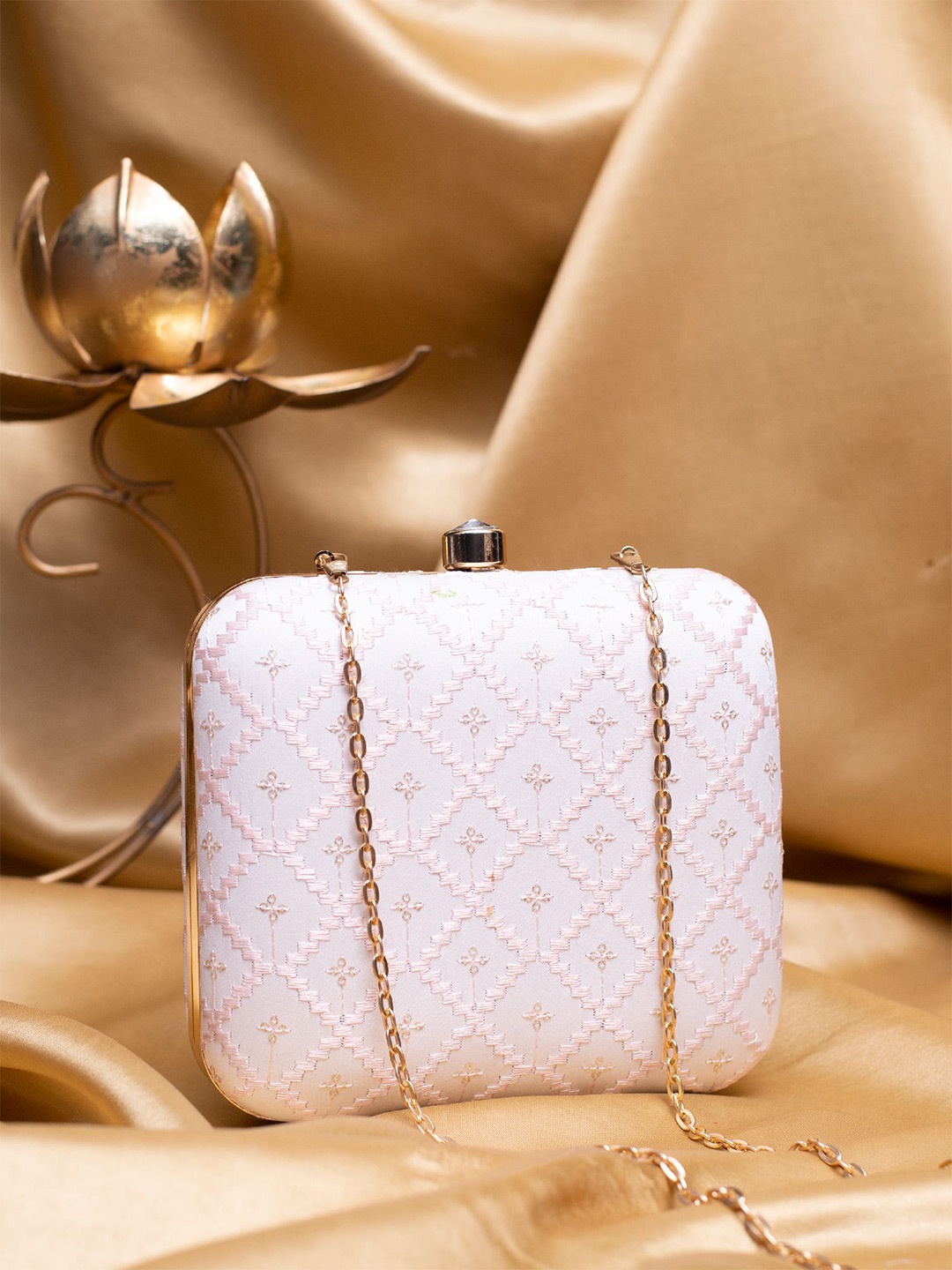 

ARTKLIM Threadwork Sequins Embroidered Box Clutch with Sling Chain, White
