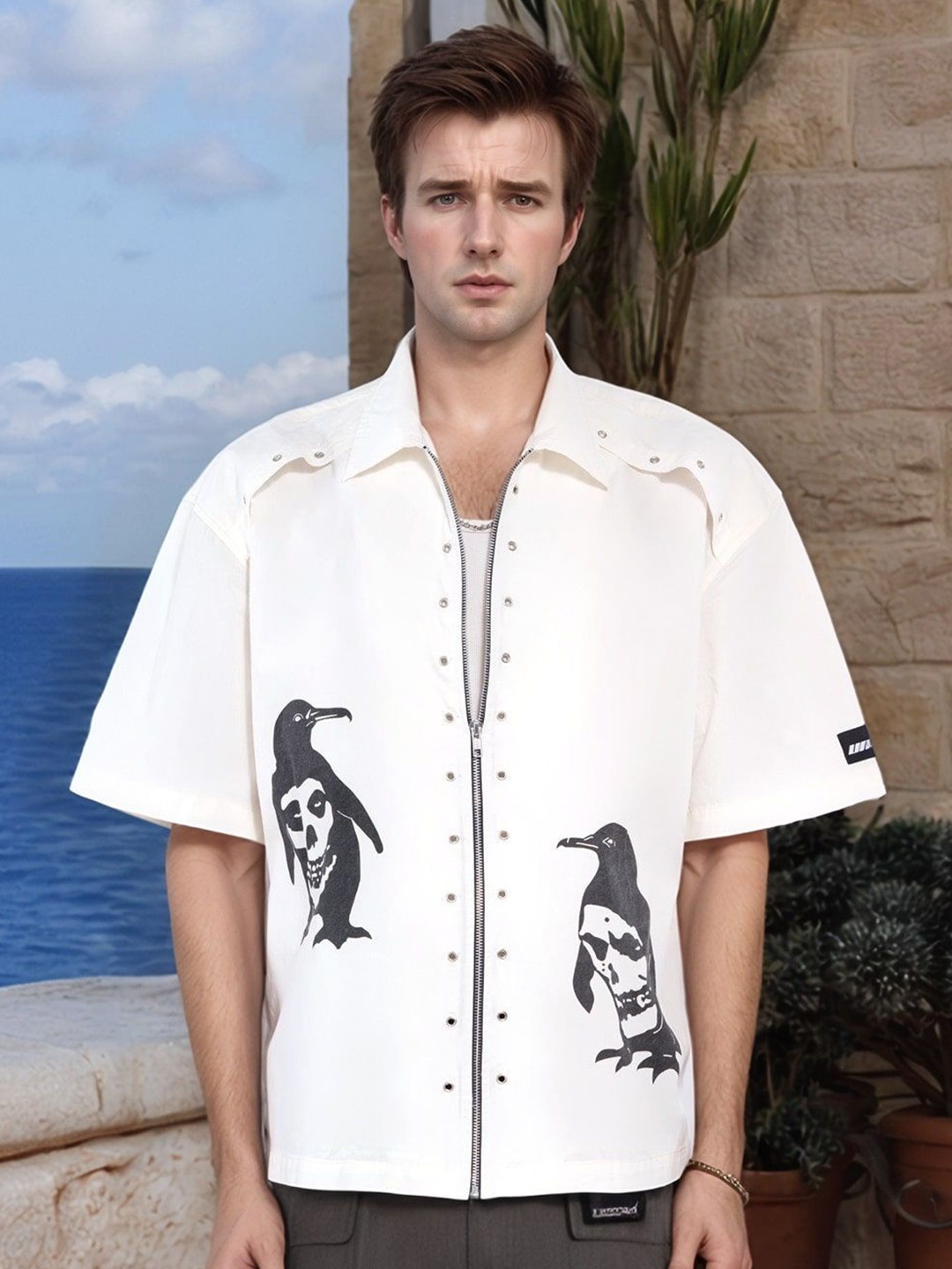 

HERE&NOW Men Oversized Fit Spread Collar Graphic Printed Cotton Casual Shirt, Off white