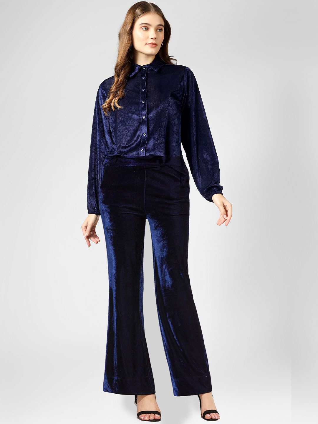 

UNLOKALE Women Velvet Shirt Style Top, Navy blue