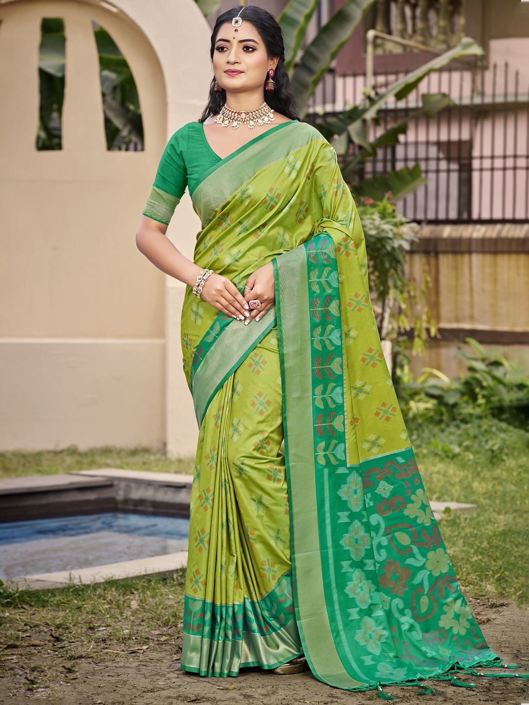 

SANGAM PRINTS Floral Printed Tussar Saree, Green