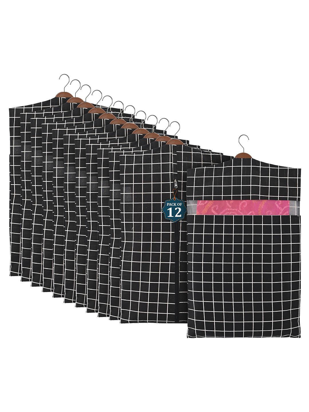 

Kuber Industries Black Set of 12 Cotton Hanging Saree Cover Multi-Utility Organisers