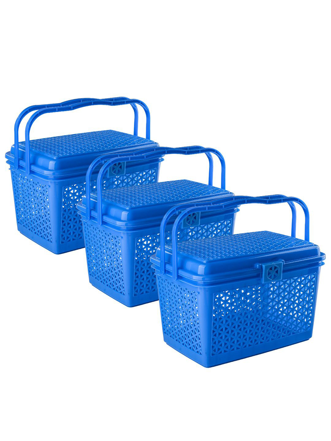 

Kuber Industries Blue 3 Pieces Checked Multipurpose Tote Basket with Lid & Handle