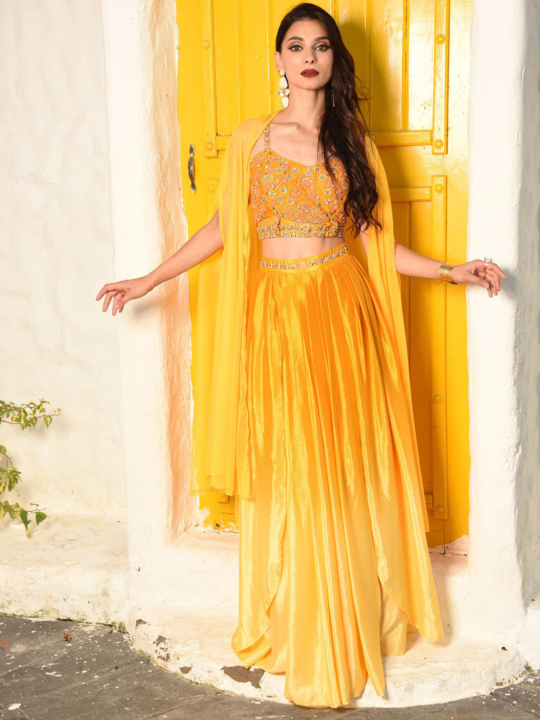 

Laalzari Embroidered Crop Top With Skirt & Shrug, Yellow