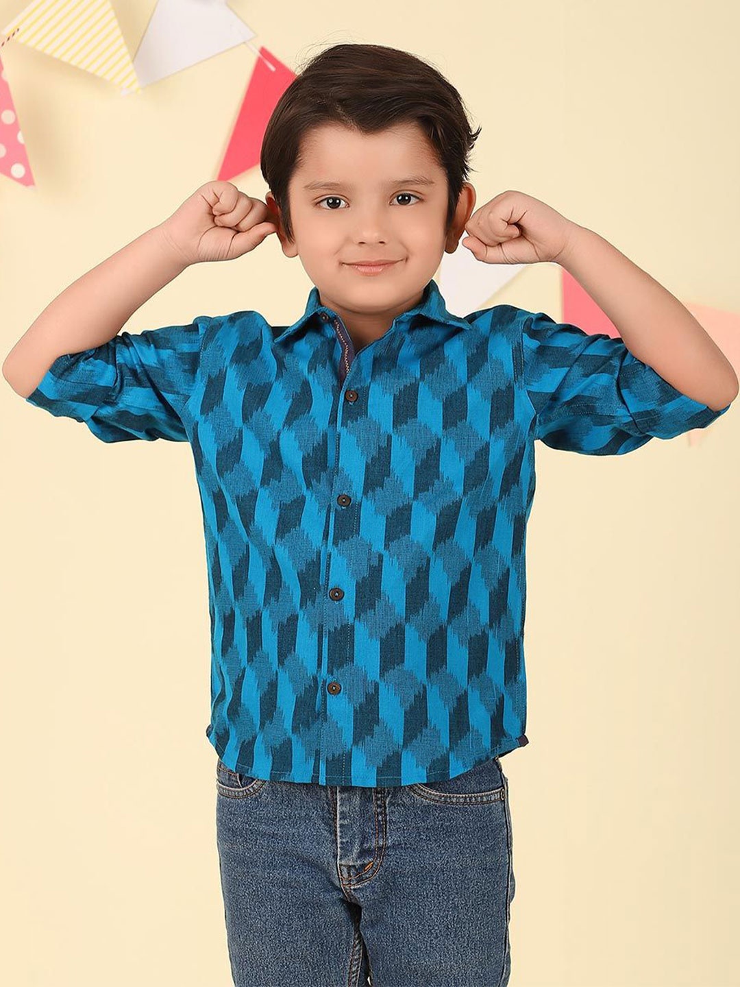 

Fabindia Boys Spread Collar Abstract Printed Cotton Casual Shirt, Teal