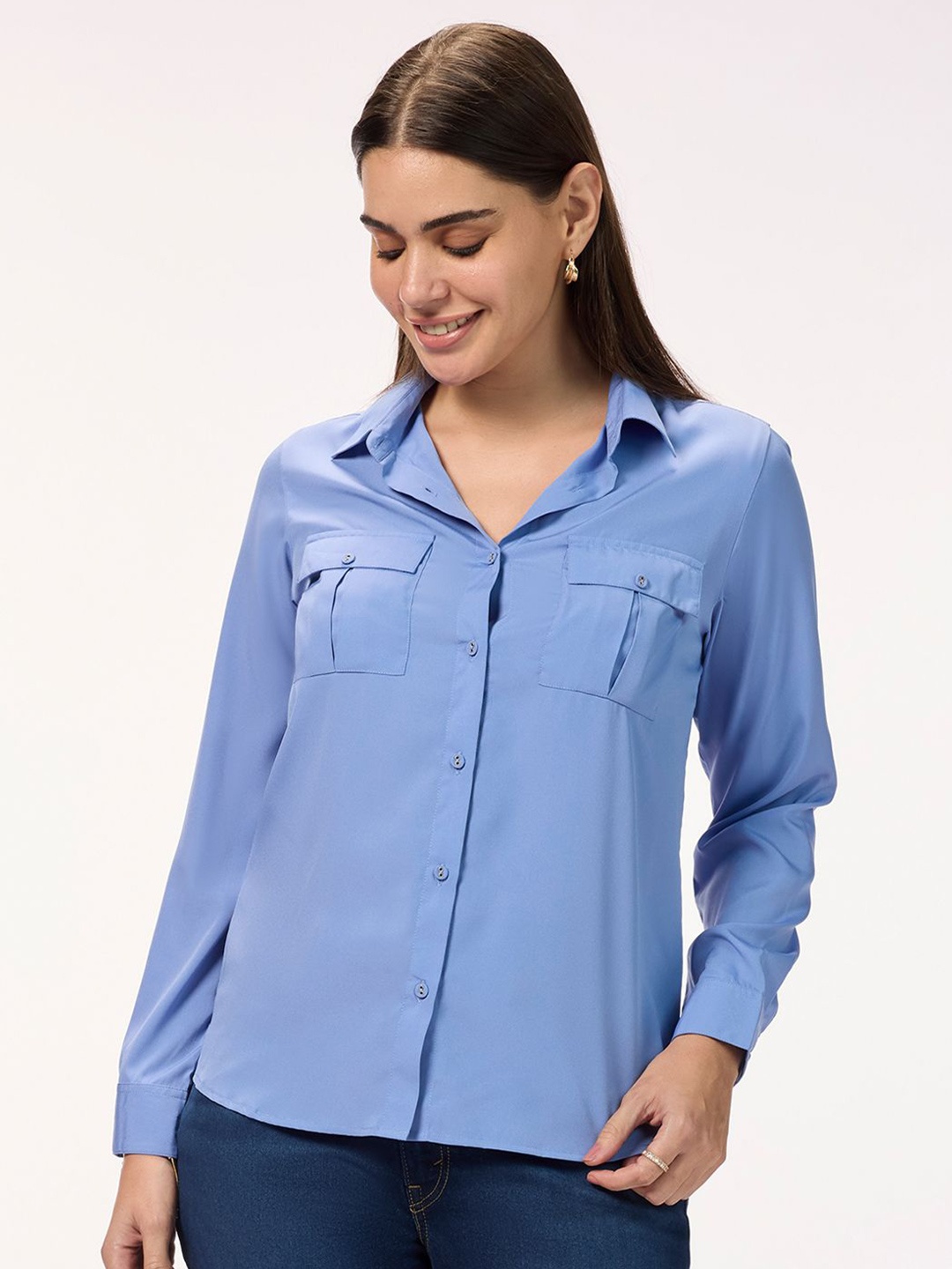 

Bombay High Women Standard Fit Spread Collar Solid Casual Shirt, Blue