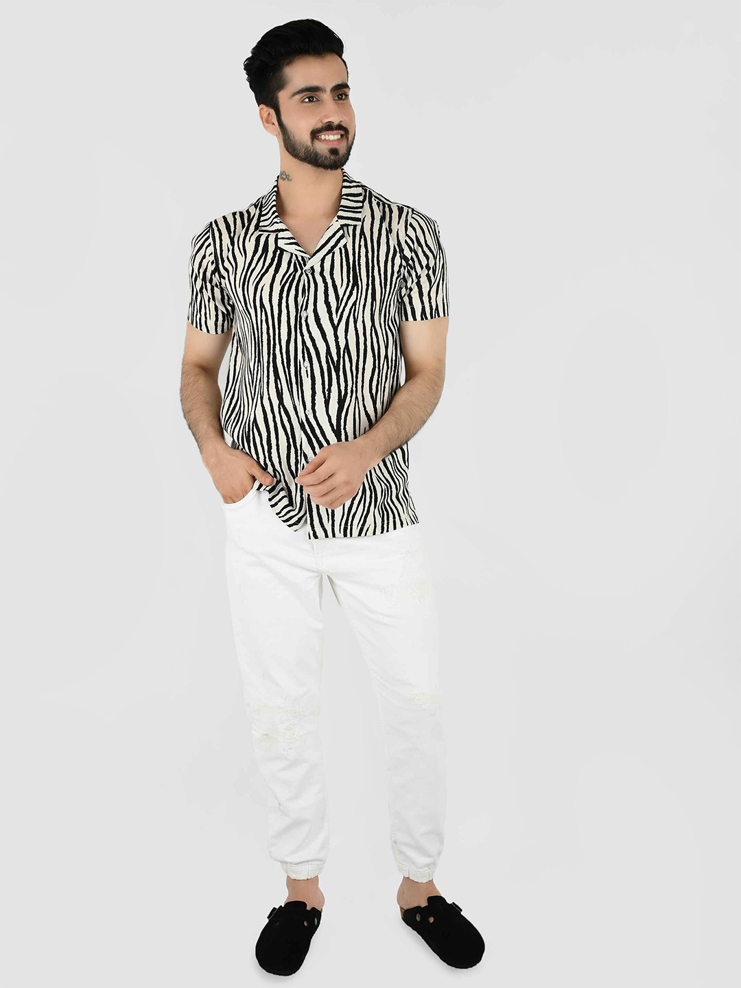 

Blissence Men Comfort Fit Cuban Collar Abstract Printed Cotton Casual Shirt, Black