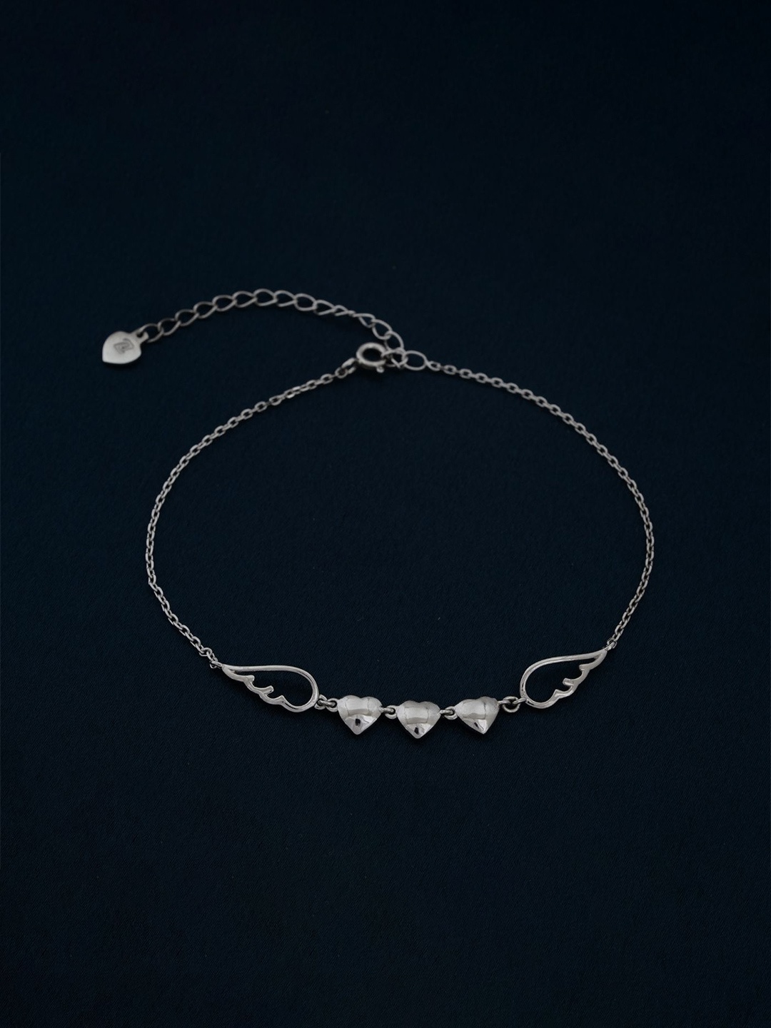 

Zalkari 925 Sterling Silver-Plated Stones Studded Triplet Heart & Wings Single Anklet