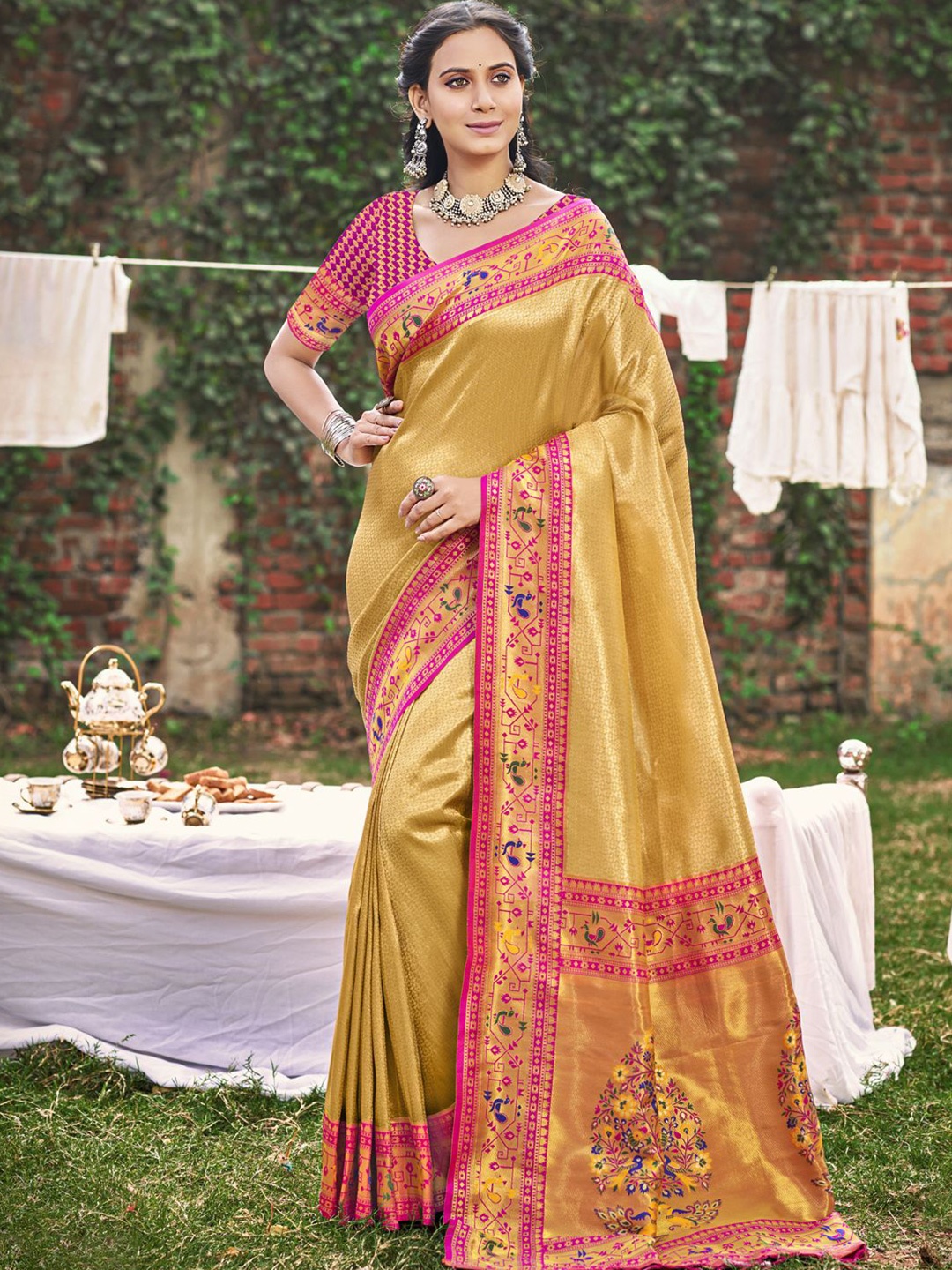 

SANGAM PRINTS Woven Design Zari Paithani Saree, Mustard