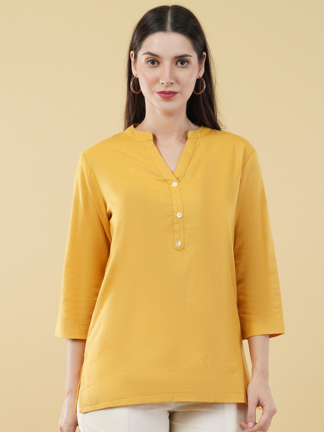 

SKYTICK Mandarin Collar Pure Cotton Kurti, Mustard