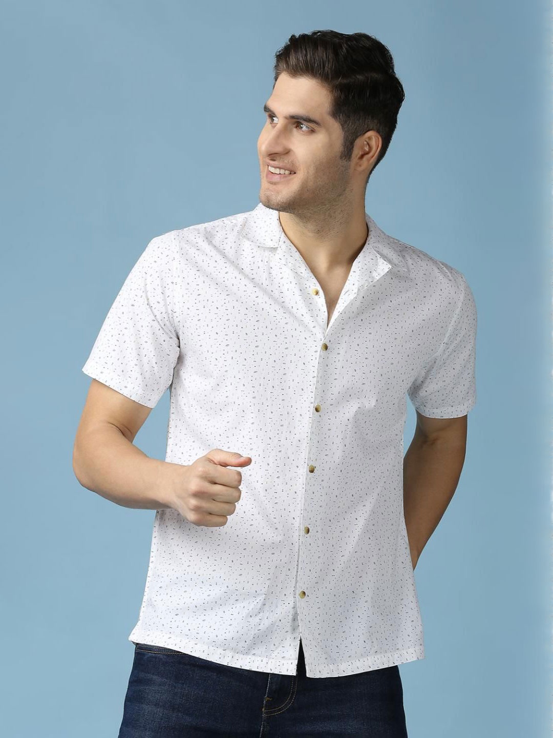 

SNX Men Tailored Fit Cuban Collar Micro Ditsy Printed Cotton Casual Shirt, Off white