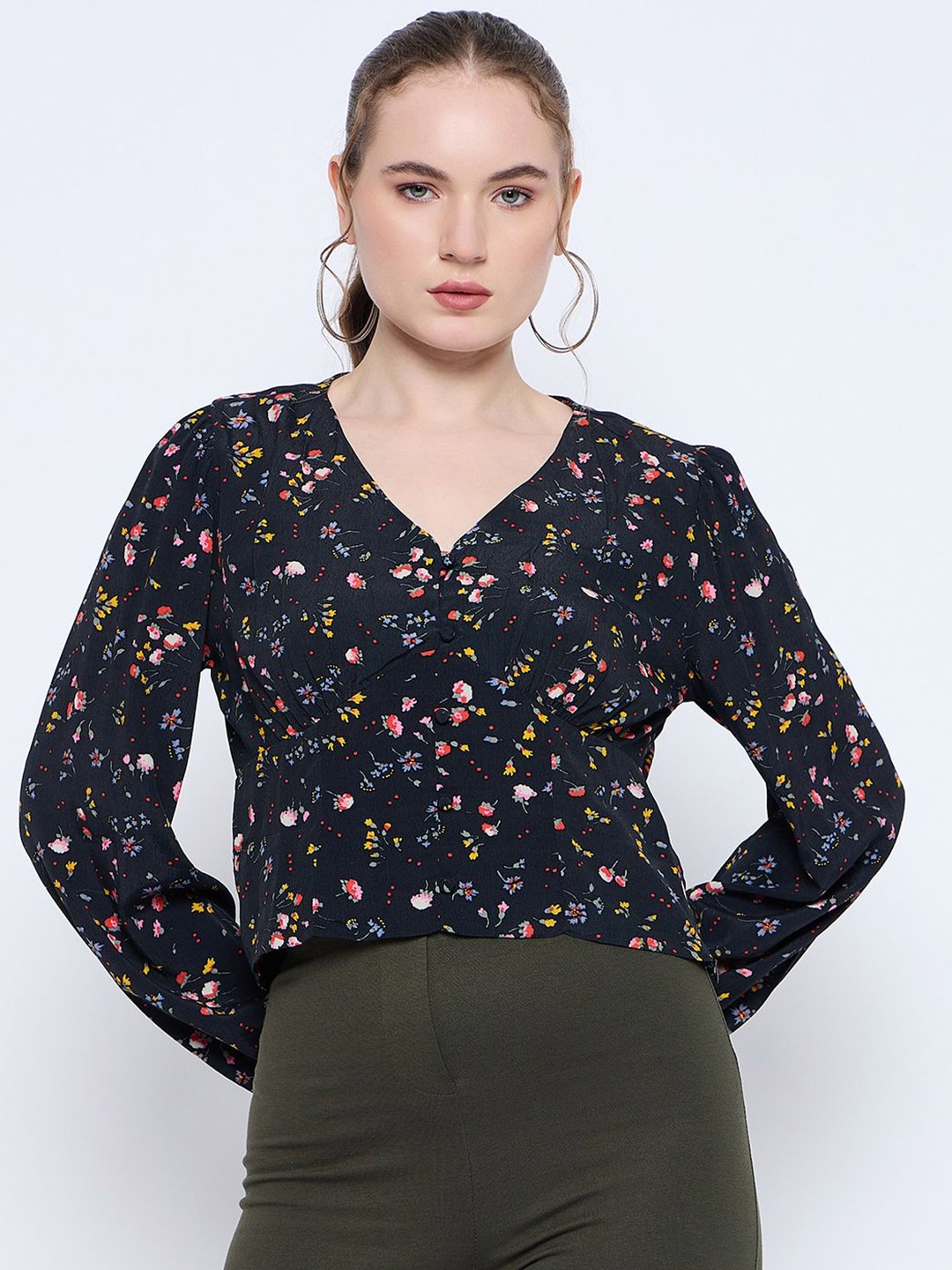 

Madame Floral Print Wrap Top, Black