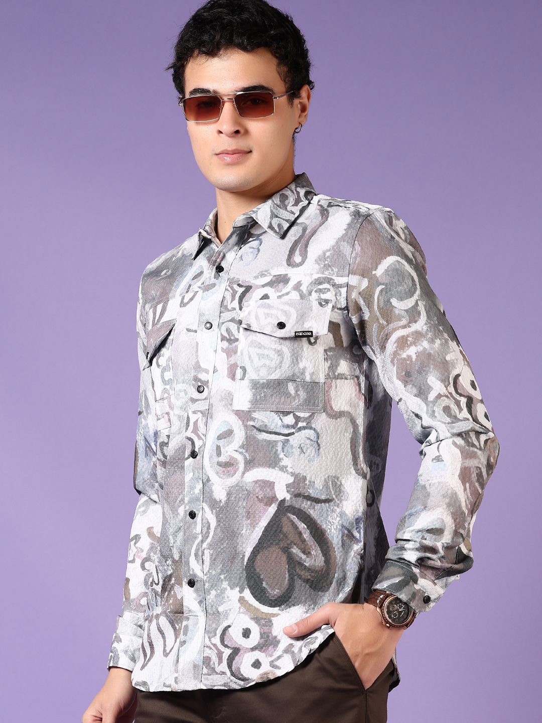 

V-Mart Men Spread Collar Abstract Printed Cotton Casual Shirt, Grey