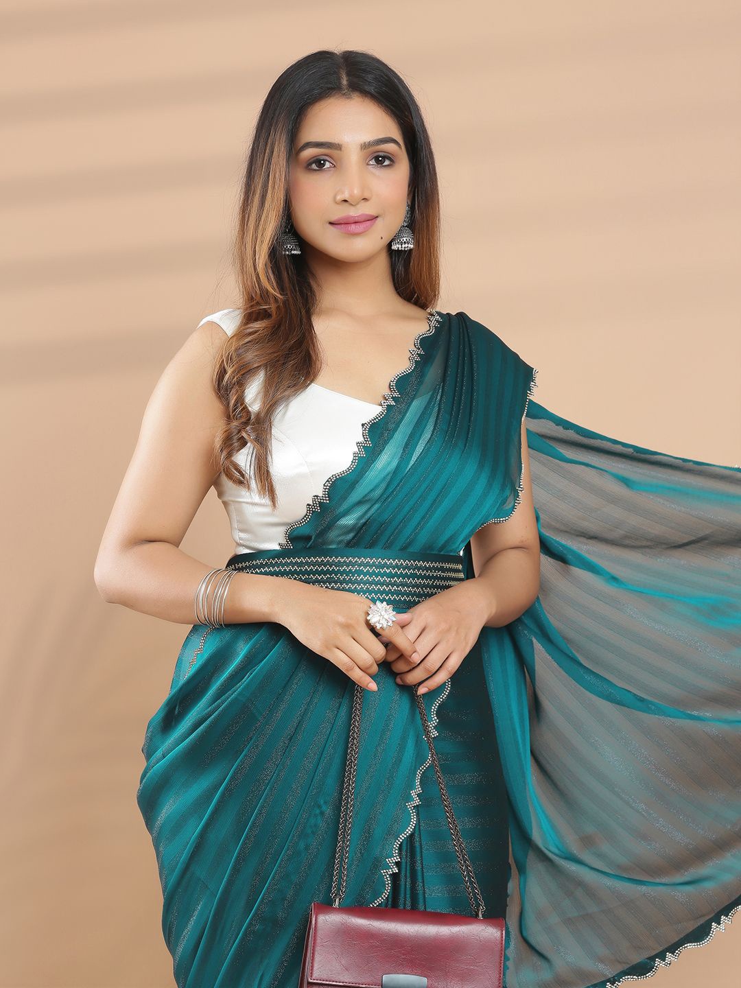 

Kalyan Silks Striped Poly Chiffon Saree, Green