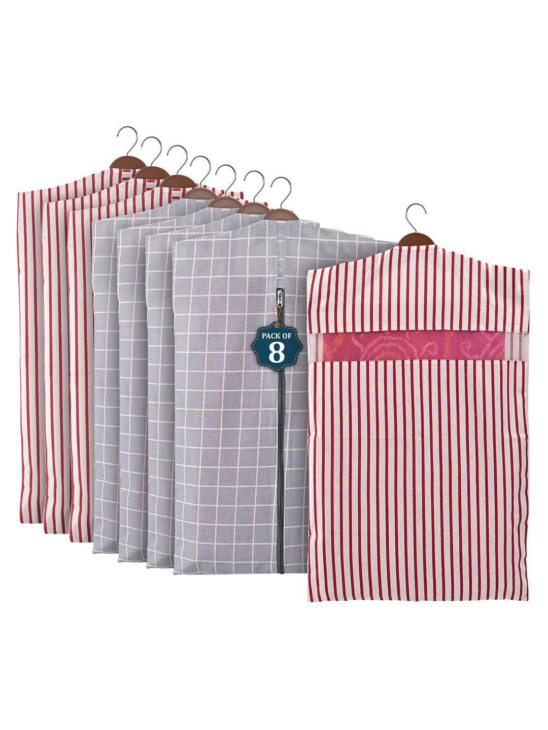 

Kuber Industries Grey 8 Pieces Cotton Regular Hanging Saree Cover Multi Utility Organisers