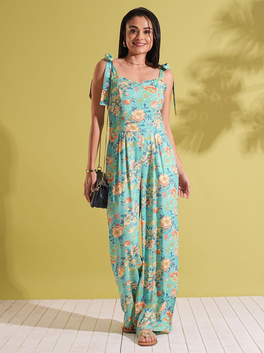 

Globus Frill Detail Sweetheart Neck Tie-Up Strappy Shoulder Floral Print Fusion Jumpsuit, Blue