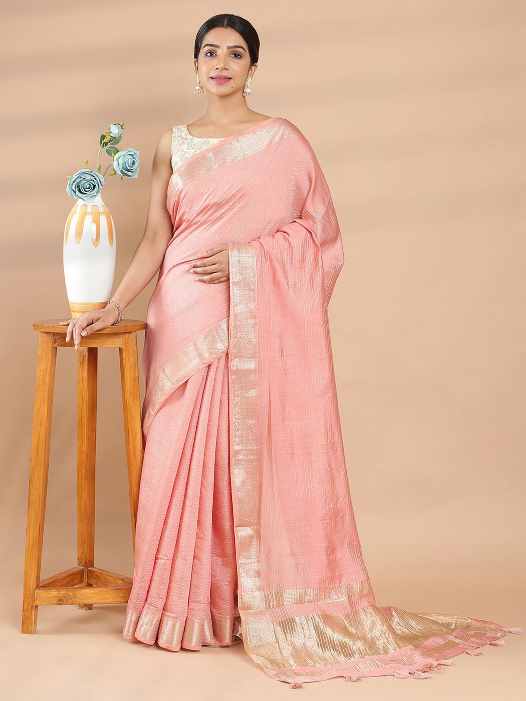 

Kalyan Silks Striped Linen Blend Saree, Peach