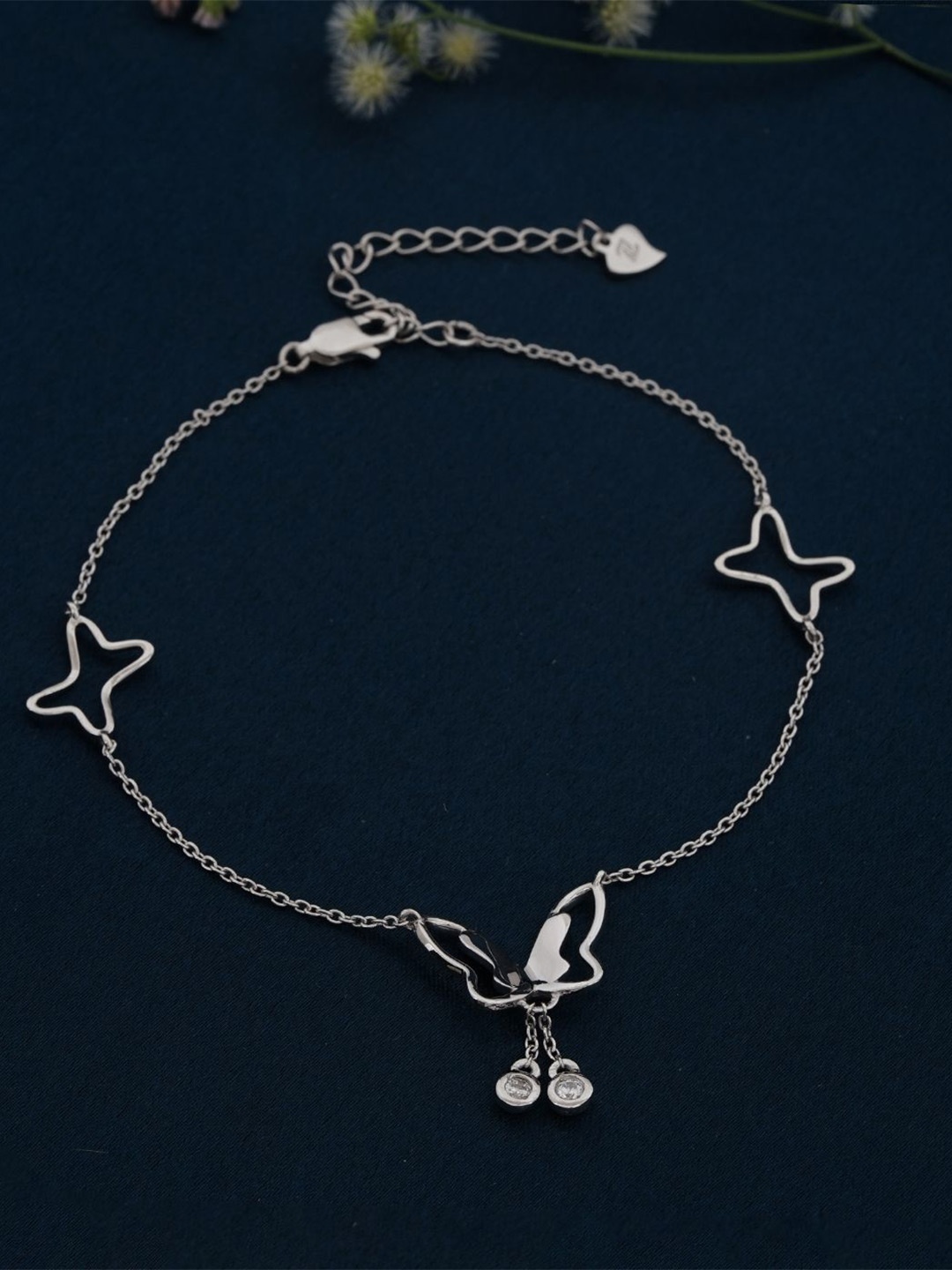 

Zalkari 925 Sterling Silver-Plated Stones Studded Butterfly Charm Single Anklet