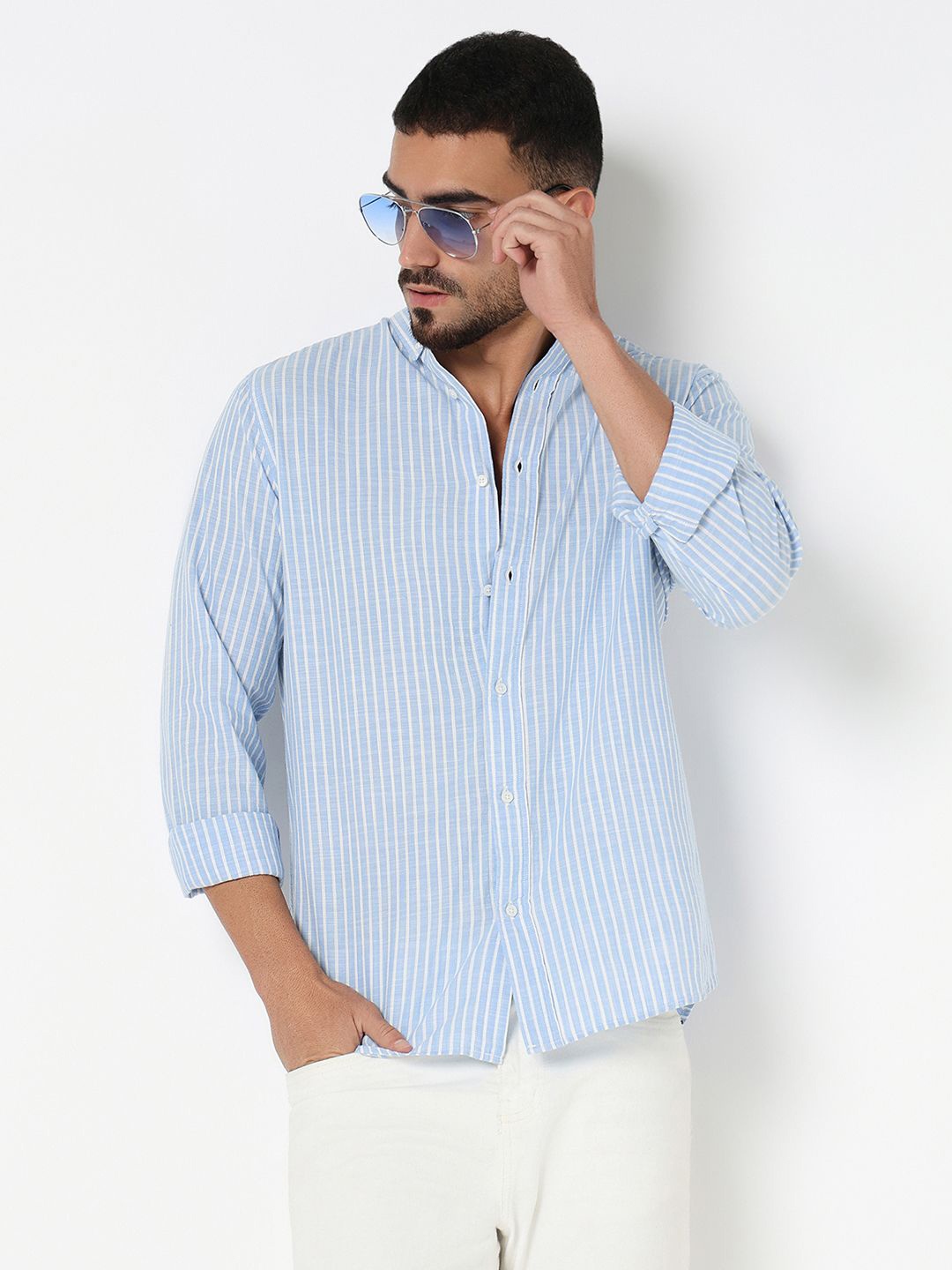 

R&B Men Button-Down Collar Vertical Striped Cotton Casual Shirt, Blue