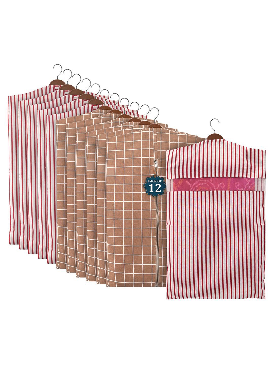 

Kuber Industries Brown 12 Pieces Cotton Hanging Saree Cover Multi-Utility Organisers