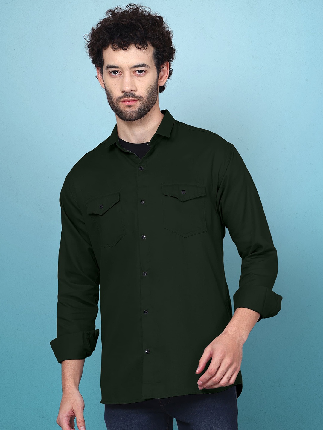 

WOXEN Men Original Fit Spread Collar Solid Cotton Casual Shirt, Green