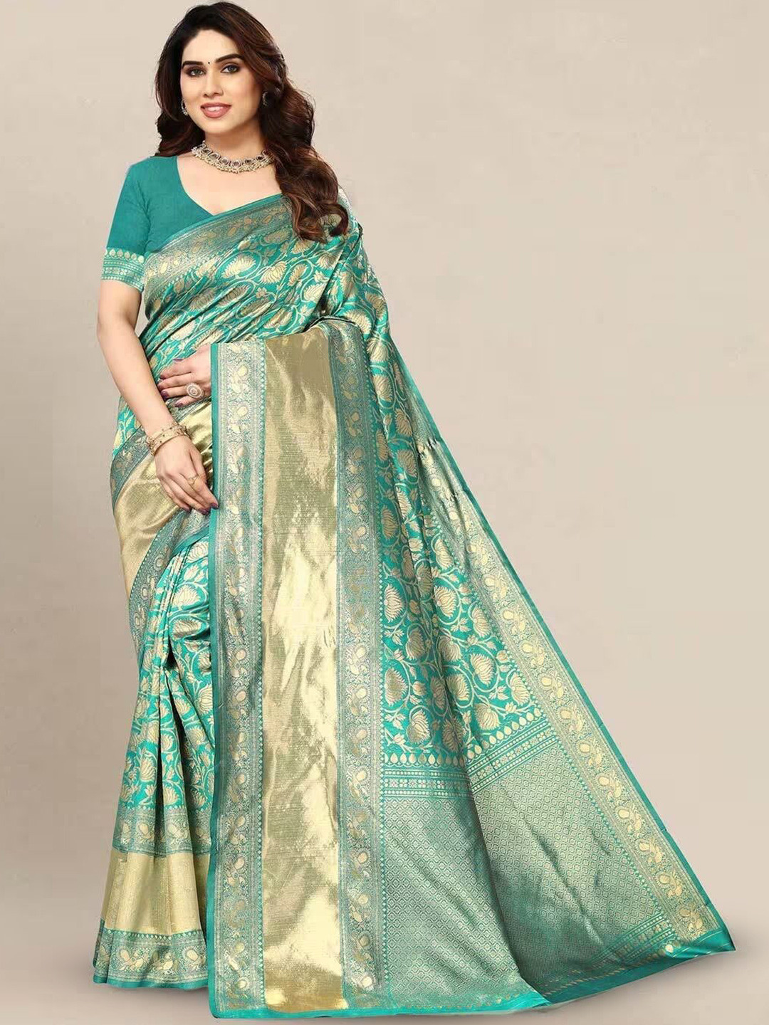 

GARIYA Woven Design Zari Kanjeevaram Saree, Turquoise blue