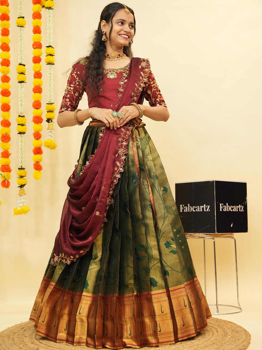 

Fabcartz Embellished Beads Stones Semi-Stitched Lehenga & Unstitched Blouse With Dupatta, Green