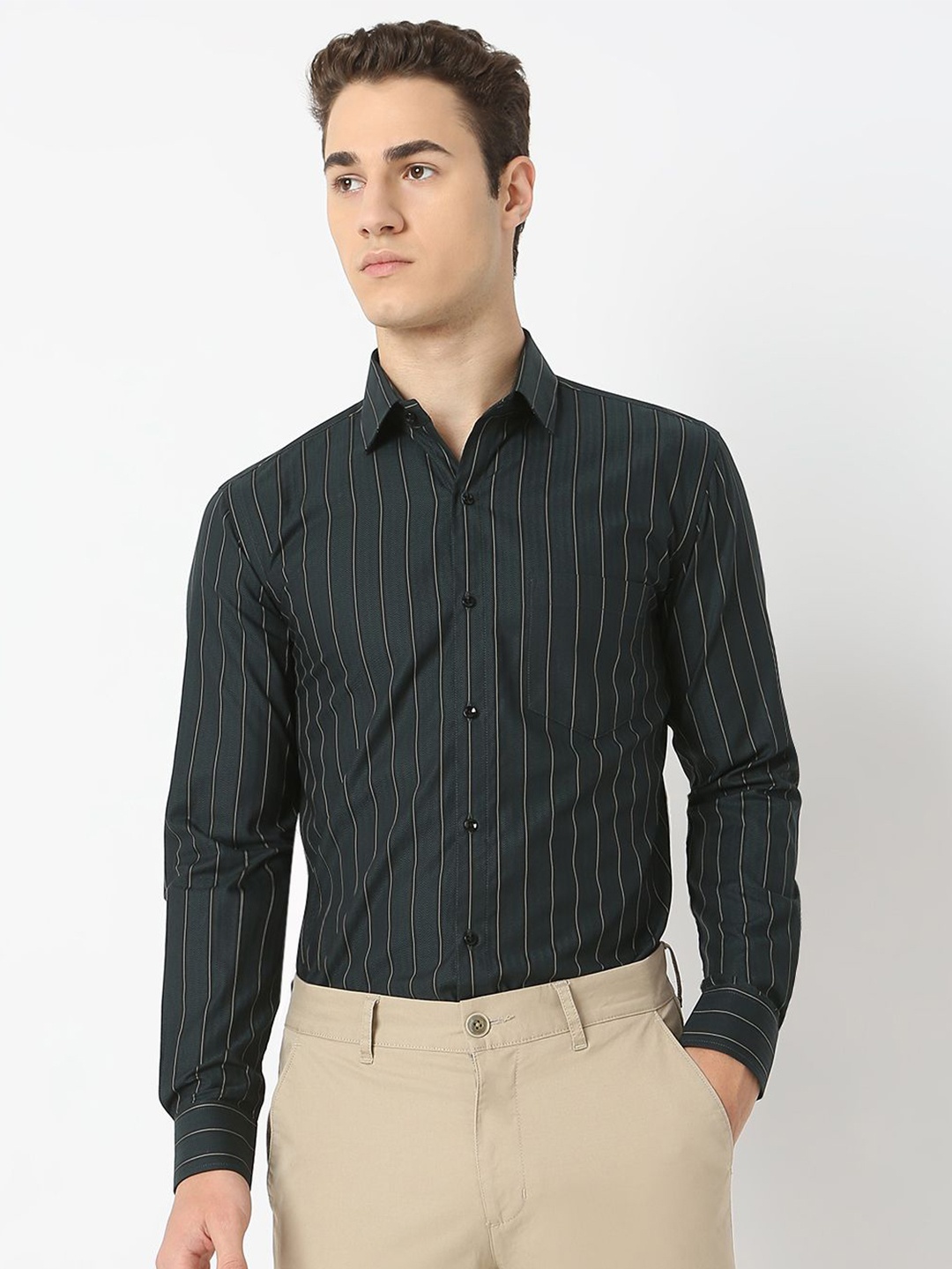 

MARK & ALBERT Men Slim Fit Opaque Striped Formal Shirt, Green