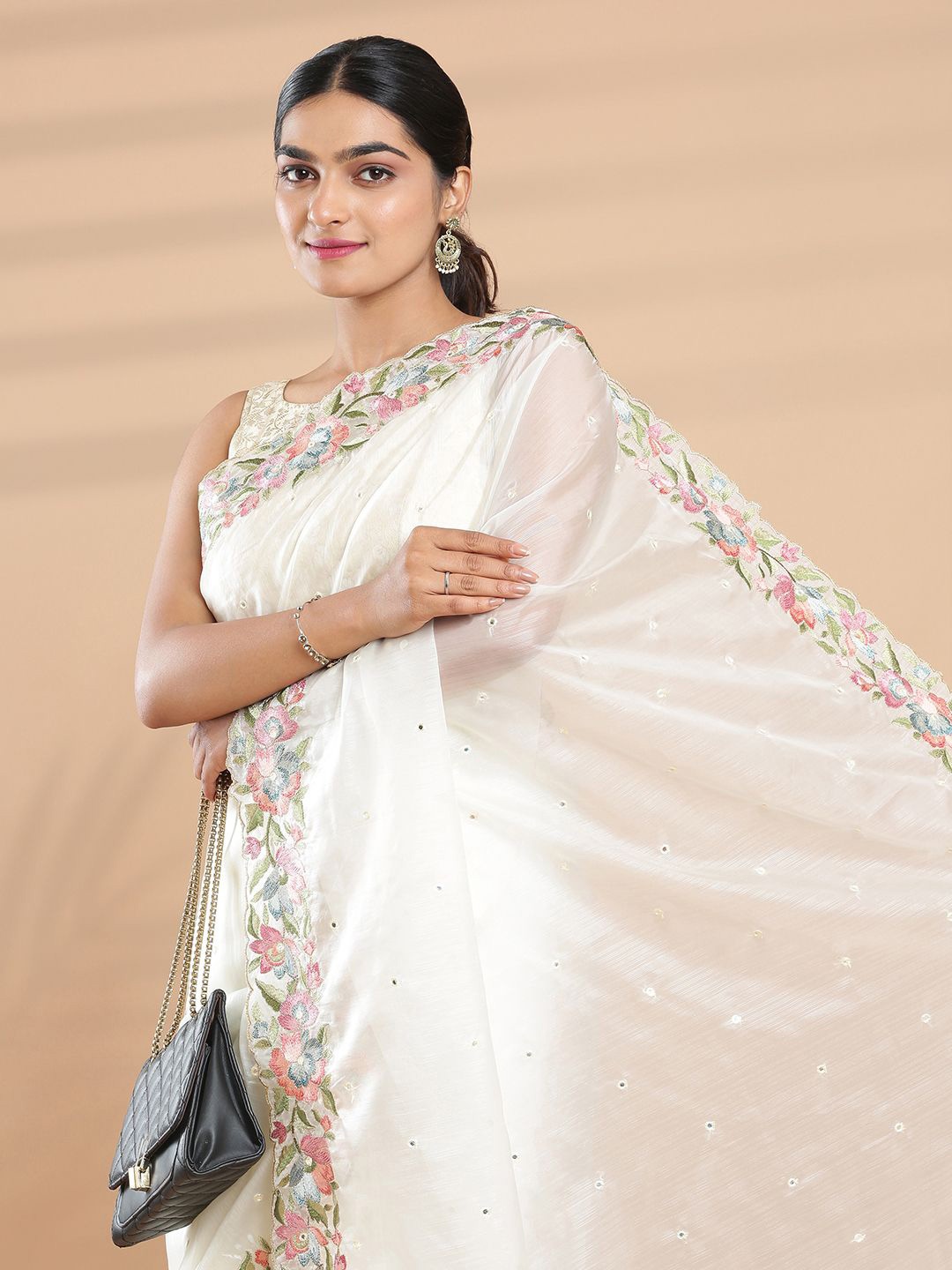 

Kalyan Silks Embellished Mirror Work Organza Saree, Off white