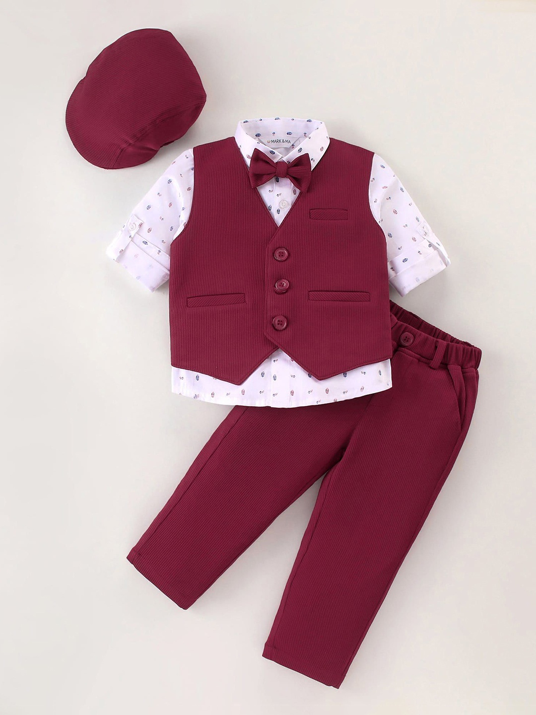 

Mark & Mia Boys Single Breasted 3 Piece Suit Waistcoat With Shirt Trouser & Hat & Bow Tie, Maroon