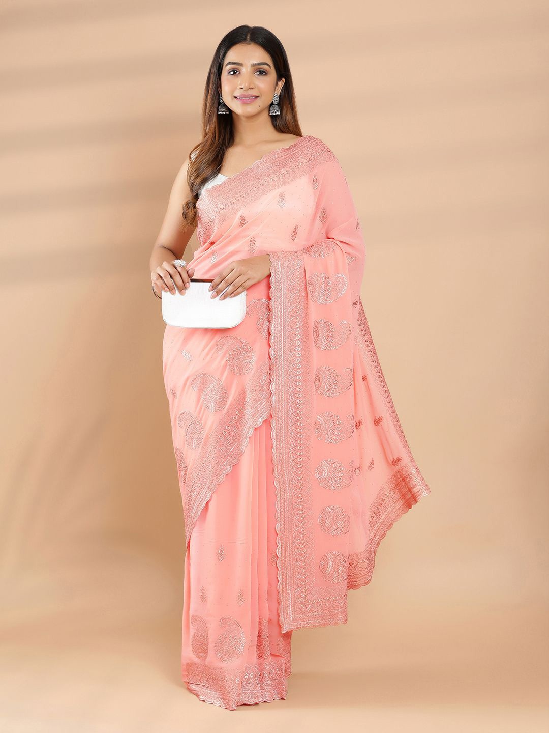 

Kalyan Silks Floral Embroidered Poly Georgette Saree, Peach