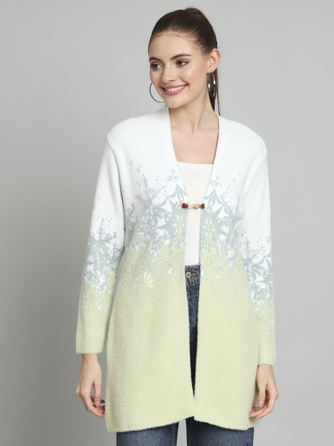 

Chemistry Printed Woollen Longline Open Front Shrug, Green