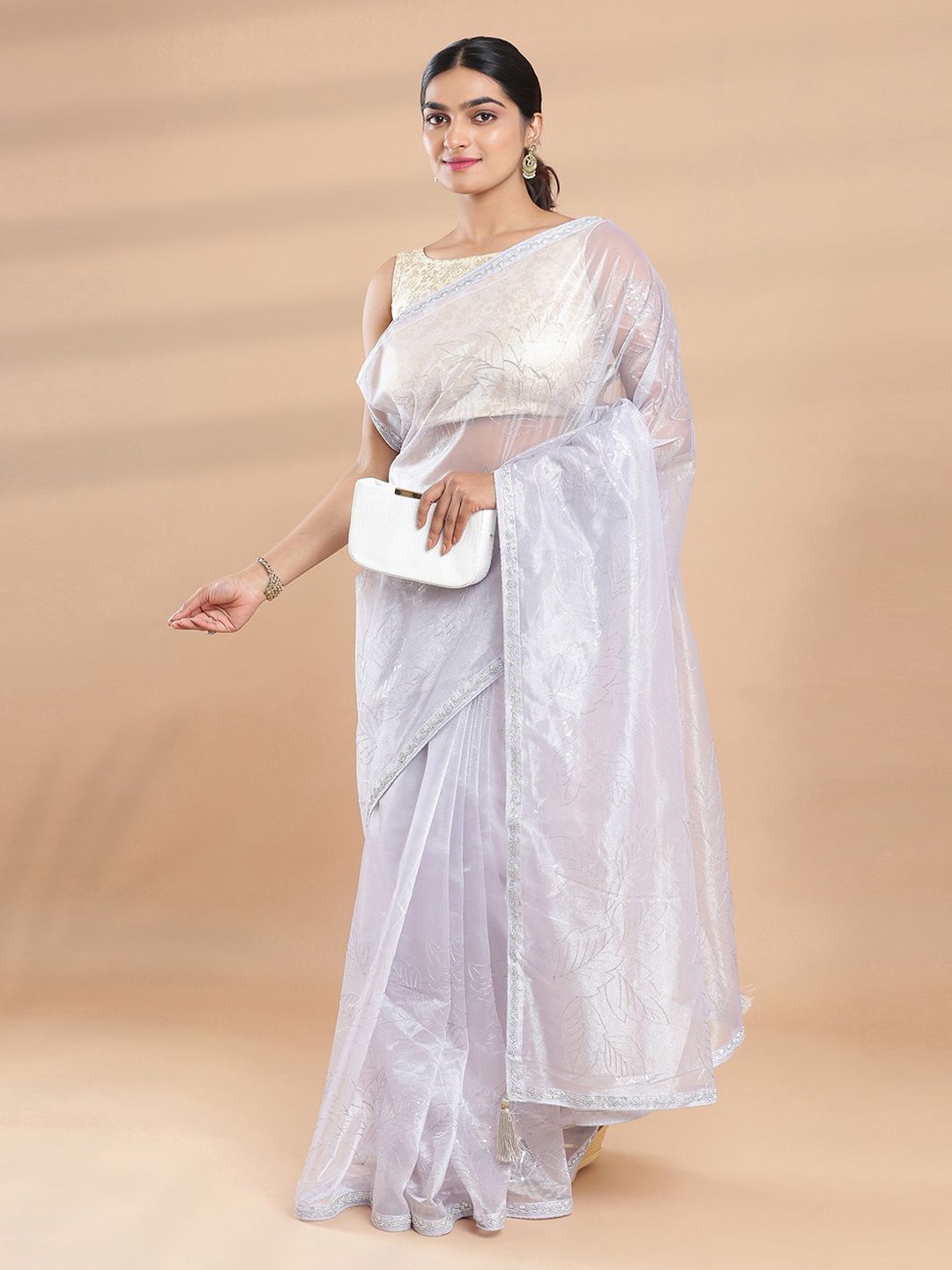 

Kalyan Silks Floral Sequinned Net Saree, Lavender