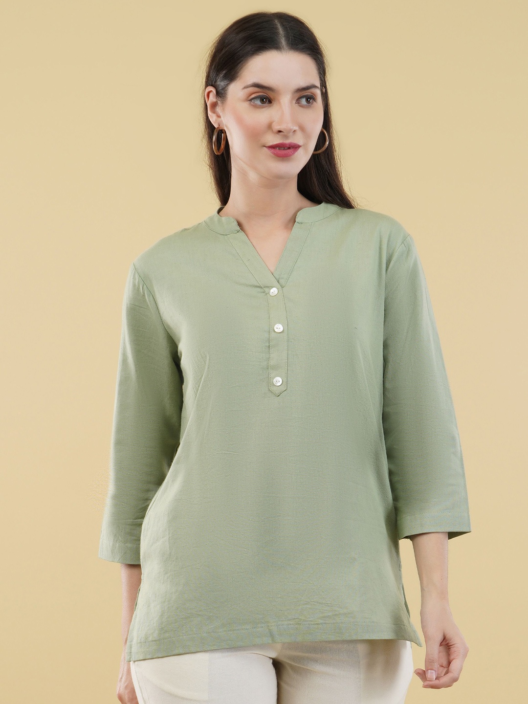 

SKYTICK Women Mandarin Collar Pure Cotton Kurti, Green