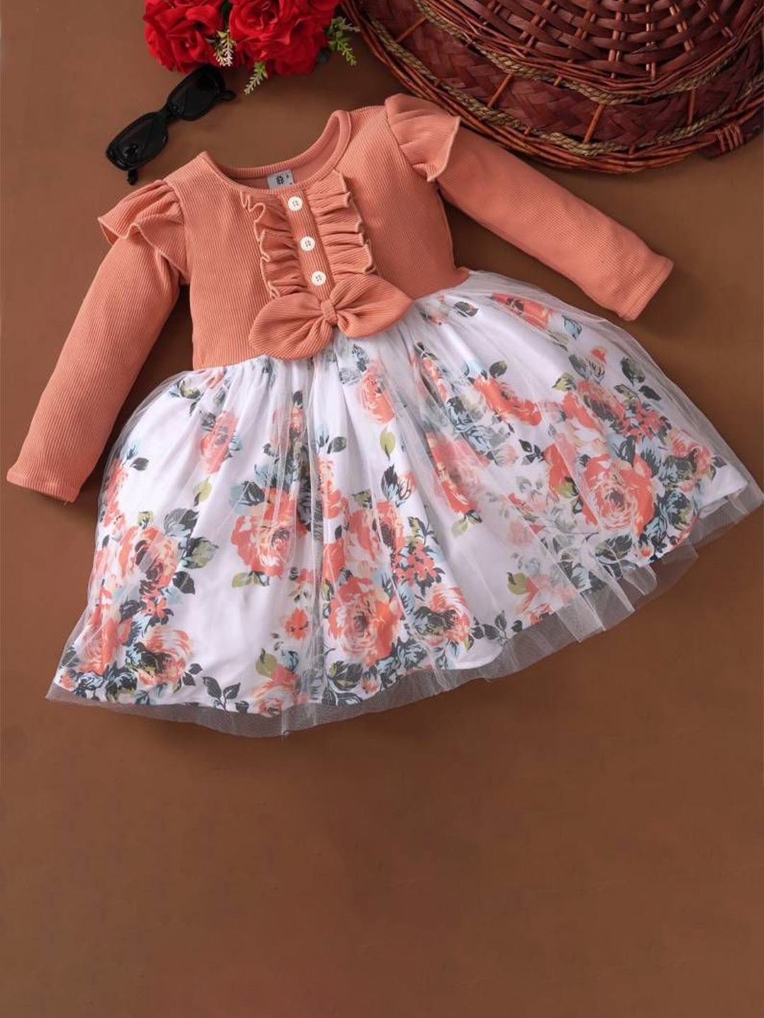 

MS BROTHERS Girls Floral Print Net Fit & Flare Dress, Peach