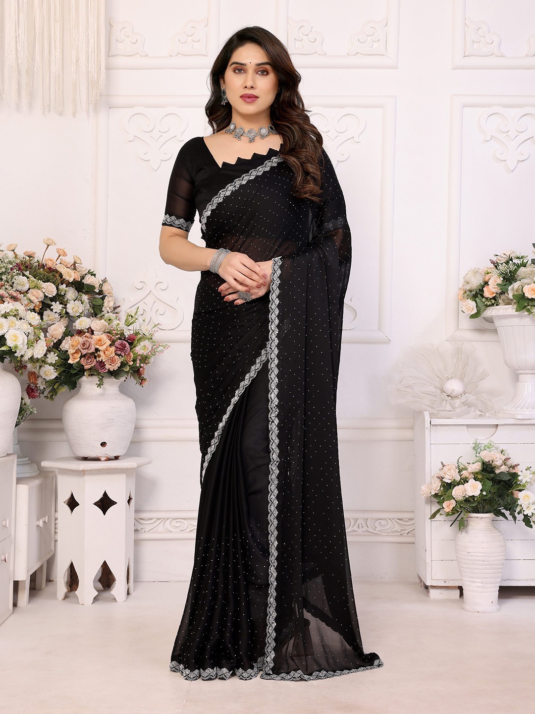 

Nirmohi Fashion Embellished Beads and Stones Pure Silk Saree, Black