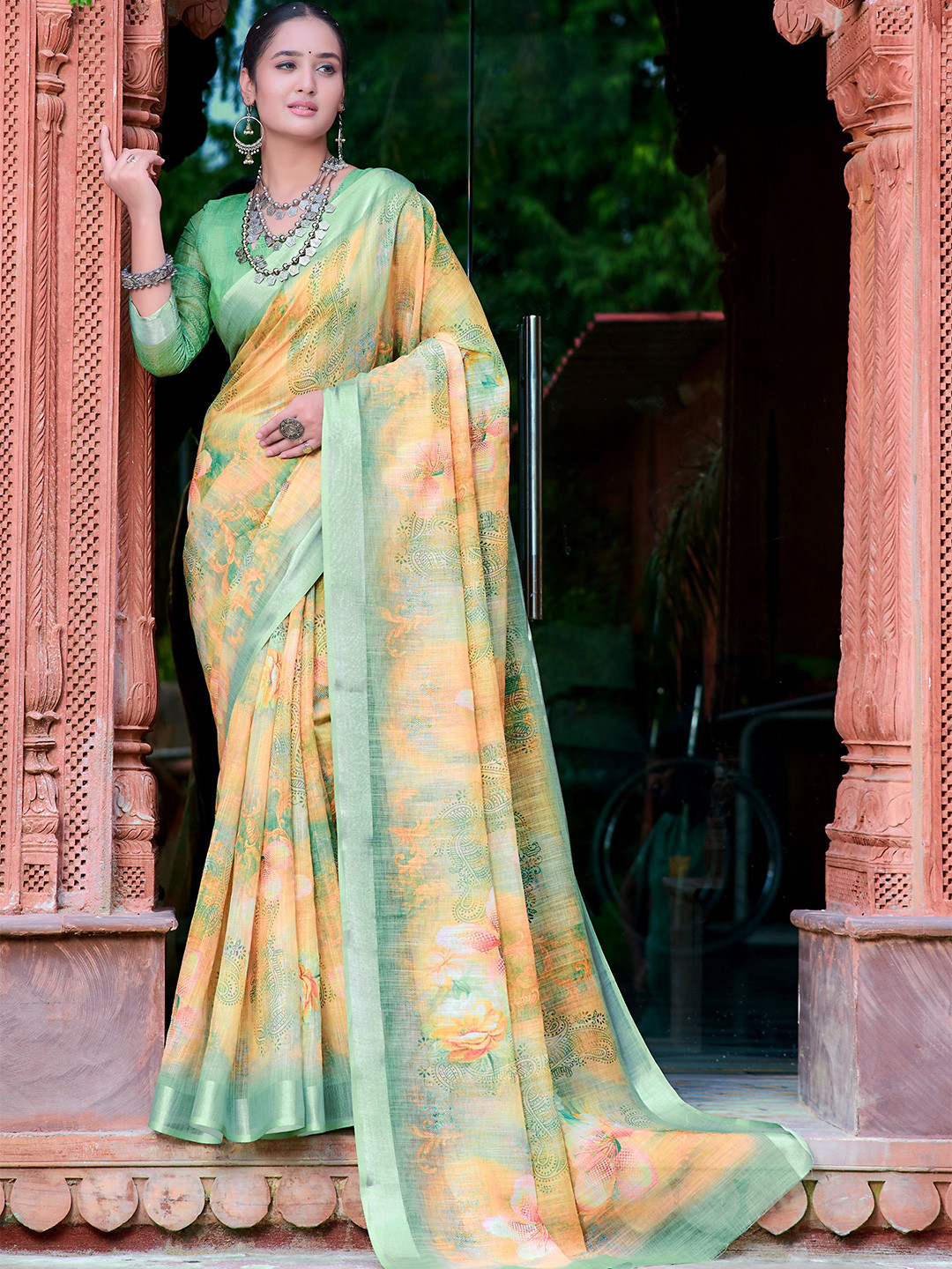 

Sidhidata Floral Block Print Saree, Yellow