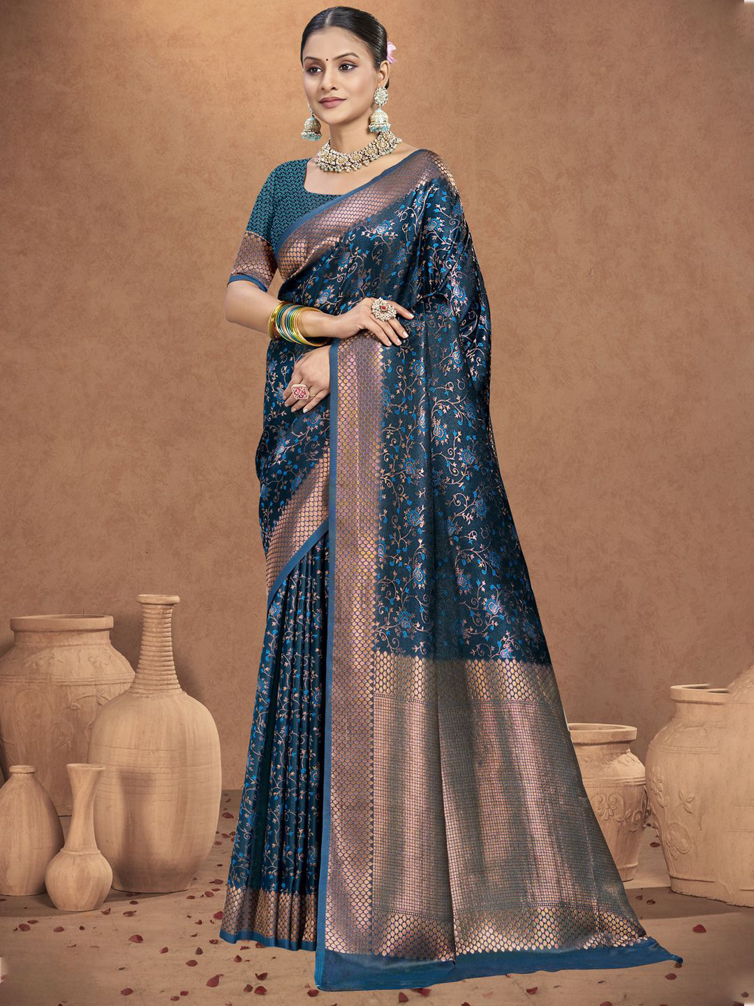 

SANGAM PRINTS Floral Zari Tussar Saree, Blue