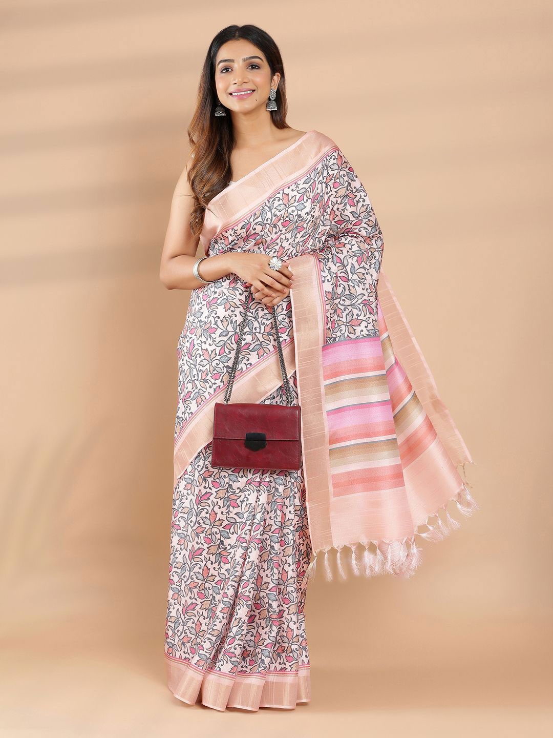 

Kalyan Silks Floral Linen Blend Saree, Peach