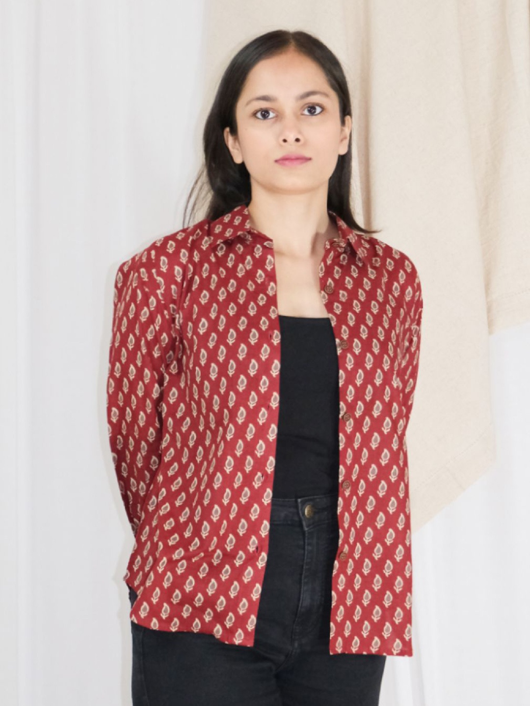 

Ruha Women Opaque Printed Casual Cotton Shirt, Red