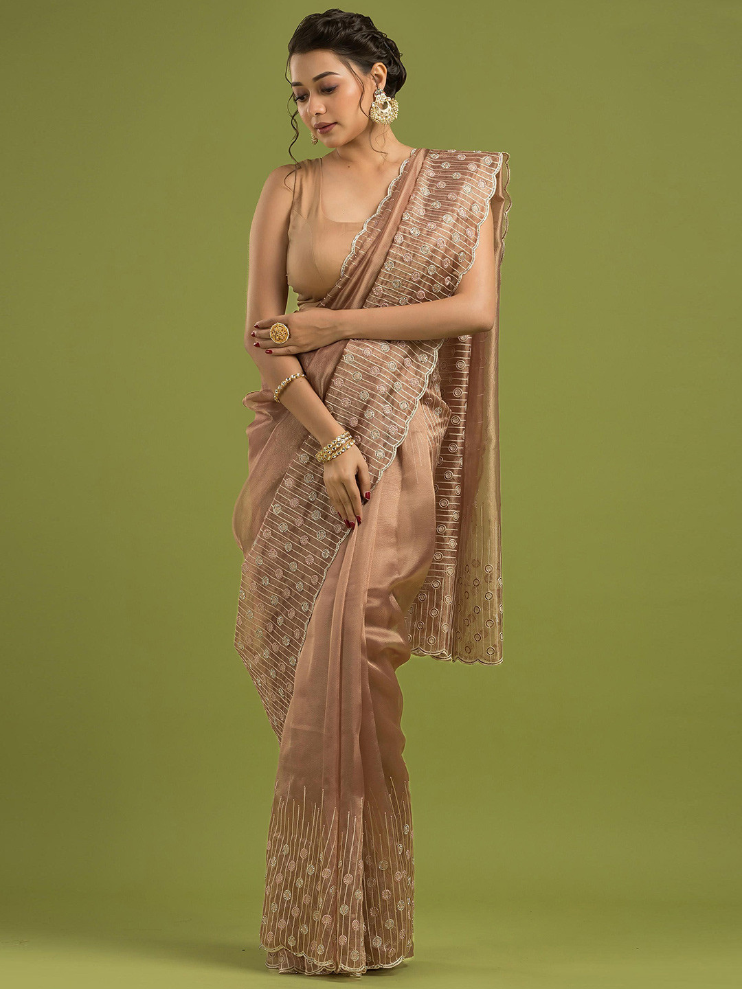 

Dheu Embellished Beads and Stones Organza Saree, Brown